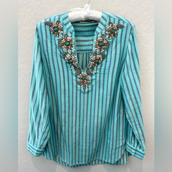SOFT SURROUNDINGS | Turquoise Striped Embroidered Beaded Boho Tunic Top | Medium - Picture 1 of 8